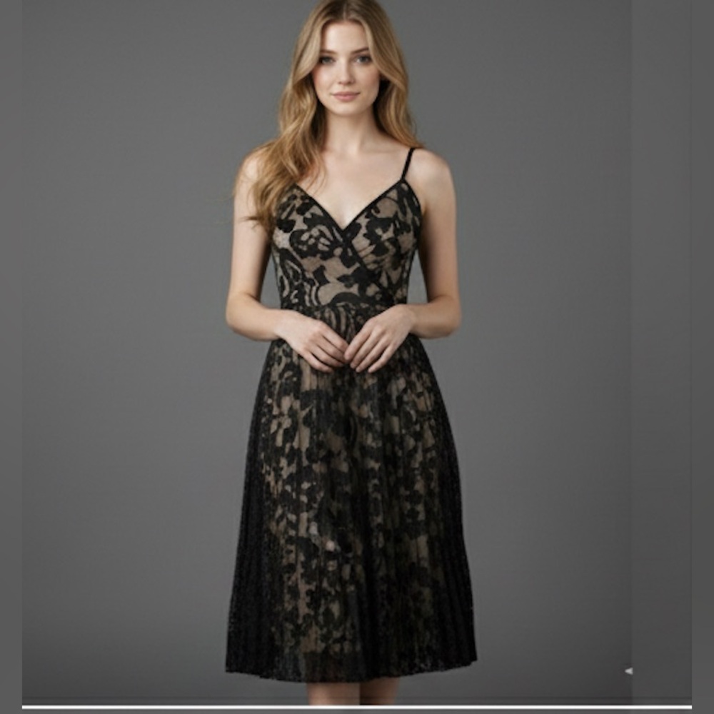 Floral Embroidery Pleated Hem Lace Cami Dress Black
